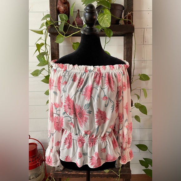 Peasant White and Pink Floral  On or Off The Shoulder Blouse - Picture 17 of 17